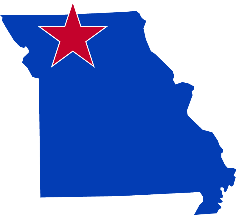 Blue silhouette of Missouri with a large red star in the northwest region.